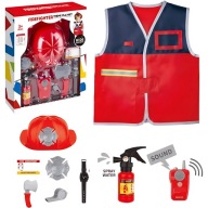 ZESTAW STRAŻAKA 9 EL. KAMIZELKA KASK GAŚNICA EFEKTY SPECJALNE DLA DZIECI 3+