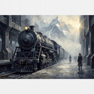 Lokomotywa pociąg peron obraz na płótnie 58x85 góry mgła promienie słońca