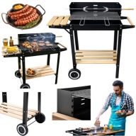 GRILL OGRODOWY WĘGLOWY DUŻY RUSZT STALOWY Z ROŻNEM DREWNIANA PÓŁKA 4 POZIOM