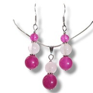 WOŚP -KRJ01 Komplet Kolczyki i wisiorek kamienie JADEIT FUKSJA KWARC RÓŻOWY