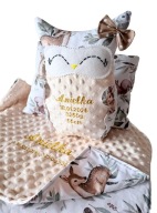 ZESTAW Kocyk 50x75cm+podusia+SOWA METRYCZKA narodziny PREZENT chrzest