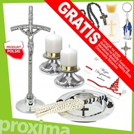 SREBRNY KOMPLET KOLĘDOWY Papieski Krzyż Świeczniki Kropidło Miska na Kolędę