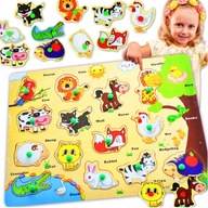 MONTESSORI KLOCKI EDUKACYJNE DUŻE DREWNIANE UKŁADANKA Z UCHWYTAMI ZWIERZAKI