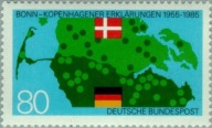 Niemcy 1985 Znaczek 1241 ** dyplomacja mapa flagi Dania wspólne wydanie