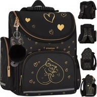 TORNISTER SZKOLNY PLECAK DLA DZIEWCZYNKI CZARNY ZŁOTY KOTEK KOTKI SERDUSZKA