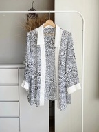Biała vintage narzutka kimono w czarną panterkę mgiełka oversize XXL