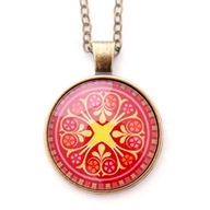 Naszyjnik stare złoto medalion łańcuszek MANDALA czerwona żywioł ziemi folk