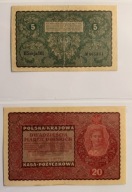 Polska 1919 – 5 i 20 Marek – II seria BE/DY – Kasa Pożyczkowa – zestaw