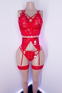 Komplet bielizny koronkowej czerwony pas do pończoch L regulowany