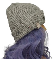 Szara czapka z kryształkami, wegańska, handmade, unikat