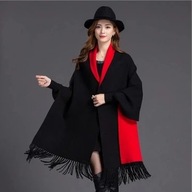 PONCZO czarno czerwone NARZUTKA KARDIGAN frędzle vintage retro ciepły