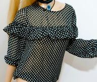 S_I_N_S_A_Y czarna szyfonowa bluzka z falbanką w biały wzorek vintage M