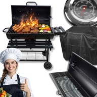 GRILL WĘGLOWY ŻELIWNY OGRODOWY DUŻY RUSZT Z POKRYWĄ TERMOMETR + POKROWIEC