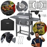 GRILL WĘGLOWY OGRODOWY DUŻY ŻELIWNY RUSZT 57X42CM Z PÓŁKAMI + AKCESORIA