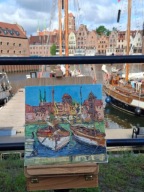 Obraz olejny Statki w Gdańsku Plener Denys Tsarenko Oryginał