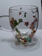 SZKLANY KUBEK TERMICZNY 3D SUSZONE KWIATY PODWÓJNE DNO KOLOROWY vintage