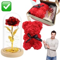 ZESTAW WIECZNA RÓŻA W SZKLE LED MIŚ Z RÓŻ PREZENT NA ROCZNICĘ, URODZINY