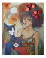 Obraz Akwarela Dama z Kotami i Różami