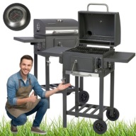 GRILL OGRODOWY WĘGLOWY DUŻY ŻELIWNY RUSZT Z POKRYWĄ POPIELNIK + TERMOMETR