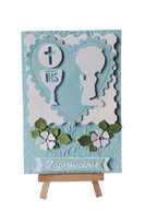 ZAPROSZENIA KOMUNIA CHŁOPIEC KLĘCZĄCY KIELICH SERCE B6 BŁĘKIT – BIEL