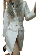 płaszcz ecru trencz z paskiem + futrzana etola kołnierz M/L