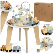 DREWNIANY OKRĄGŁY STOLIK EDUKACYJNY Z MAGNETYCZNĄ KOLEJKĄ I WYRZUTNIĄ
