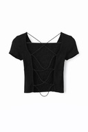 Czarny dopasowany top z odkrytymi plecami i wiązaniem Bershka M prążkowany