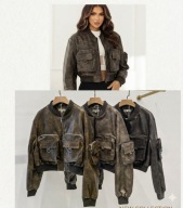 Kurtka damska skórzana bomber khaki luźna kieszenie streetwear wiosenna