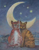 Koty spotkanie w świetle księżyca Akwarela Sabina Salamon 32x25