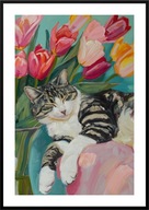 A2 KOLOROWY PLAKAT OBRAZ ŚPIĄCE KOTY BURY KOT TULIPANY AKWARELA DO SALONU..