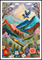 KOLOROWY PLAKAT OBRAZ A2 KOLOROWE GÓRY KRAJOBRAZ NIEBIESKI PTAK PATCHWORK