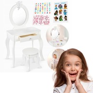DREWNIANA TOALETKA DLA DZIECI TABORET LUSTRO NAKLEJKI AKCESORIA KINDERPLAY