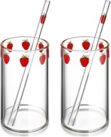 Komplet Szklanek ze Słomką Truskawki Szklane Kubki na Lato 300 ml 2 szt