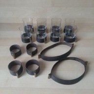 Vintage zestaw 8 kieliszków 2 opaski na butelki skóra mosiądz lata 70-80