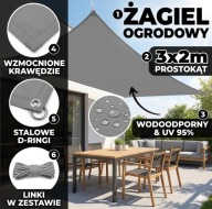 ŻAGIEL PRZECIWSŁONECZNY OGRODOWY TARASOWY 3x2m MOCNY WODOODPORNY UV