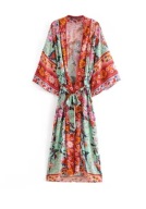 Turkusowe kimono plażowe damskie BOHO – lekkie, przewiewne, kwiatowy wzór
