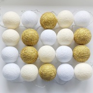 Cotton Balls Kremowo - Złote Girlanda Lampki Kule 20 LED Na Baterie