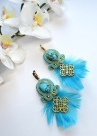 Turkusowe kolczyki sutasz z jaspisem i piórkami - ręcznie robione