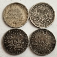 moneta srebro Francja 50 centimes 1904 1905 1908 1915