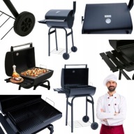 GRILL OGRODOWY WĘGLOWY DUŻY CZARNY Z POKRYWĄ PÓŁKI TERMOMETR POPIELNIK