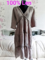 LEN BEŻOWA POPIELATA SUKIENKA BOHO MAXI DŁUGA SEXY LNIANA LNU LNEM FLAX