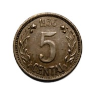 Litewska moneta obiegowa o nominale 5 centów (Centai) z 1936 roku.