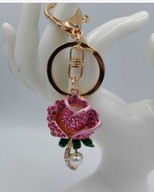 Błyszczący brelok różowa róża - kryształki zawieszka do kluczy torebki
