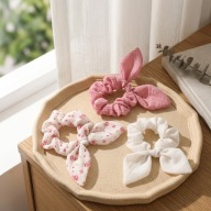 Scrunchie gumki do włosów z kokardką zestaw 3 szt. kwiatki, różowa, kremowa