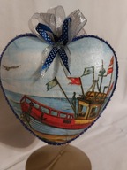 Bombka serce ręcznie zdobiona 15 CM decoupage SD24 morze statek
