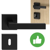 KLAMKA DRZWIOWA CZARNA MAT KWADRATOWA ROZETY KLUCZ KOMPLET WSPOMAGANIE