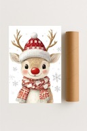 Plakat bez ramy 50x70cm Rudolf w Czapce renifer święta zima dekoracja art