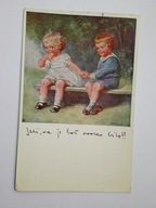 Dzieci na łące - Wally Fialkowska - stara przedwojenna pocztówka