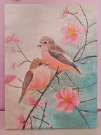 Obraz ręcznie malowany ptaki na gałęzi kwiaty 30x40 cm dekoracja ścienna