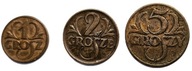 LOT 1 POLSKA II RP ZESTAW 3 MONET: 1, 2, 5 GROSZY 1925 ROK BRĄZ